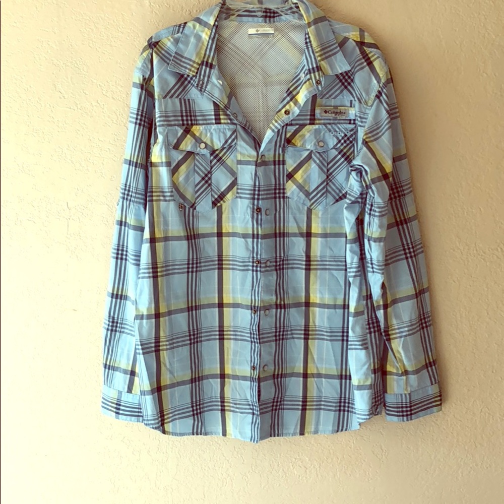 Columbia men’s fishing shirt, blue & yellow plaid